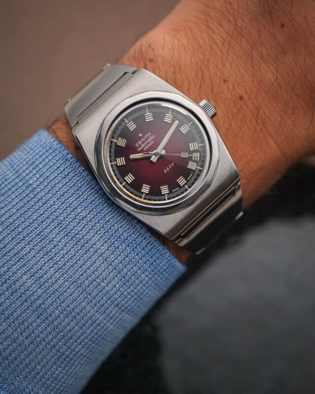 ZENITH Defy 28800 a7682 Burgundy Dial GF Lobster bracelet 1971 Watchurbia The vintage portfolio