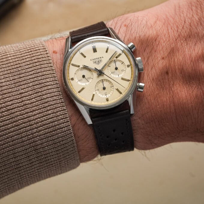 Alternative view of Heuer Carrera 2447S MK1 “Eggshell Dial” – Hexback | 1963 First Execution